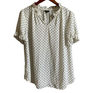 Talbots Blouse LARGE Pullover Black White Polka Dot Semi-Sheer Ruffled Sleeves